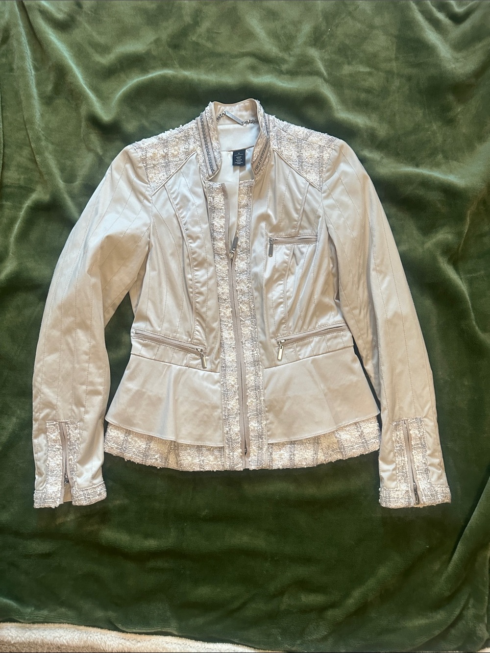 White + Warren Cream Lace-Trim Leather Jacket